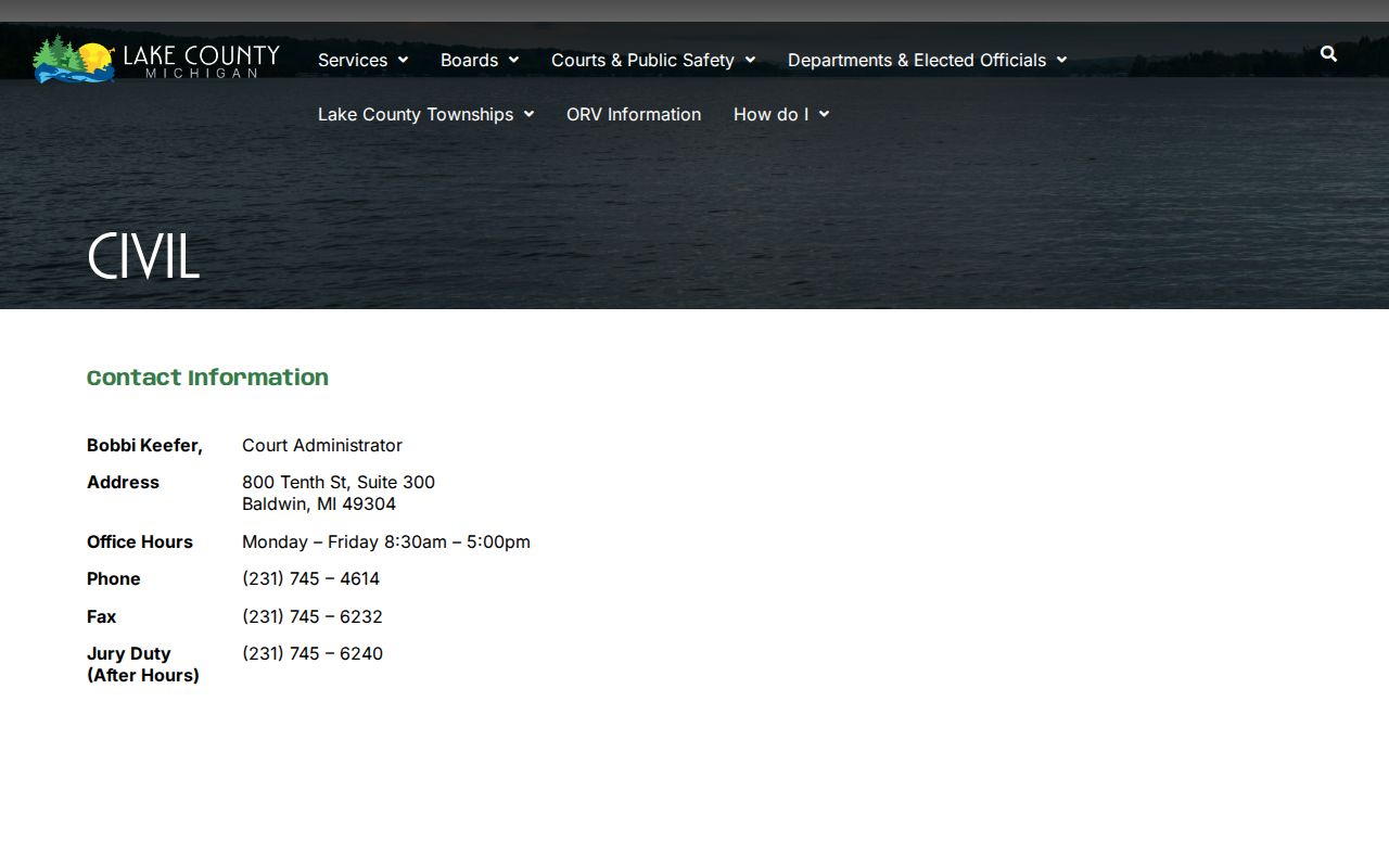Lake County Circuit Court contact page in Baldwin for bench warrant status questions
