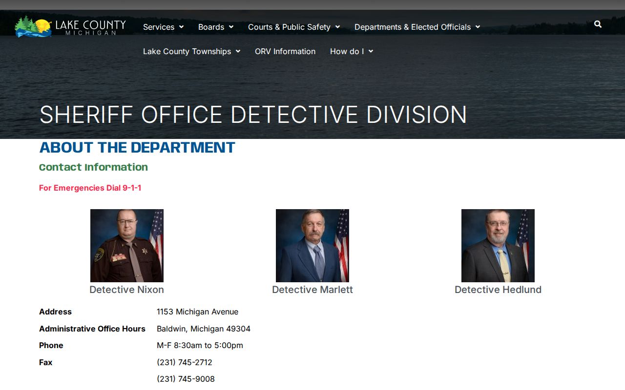 Lake County Sheriff Detective Bureau page used for arrest warrant service questions in Lake County