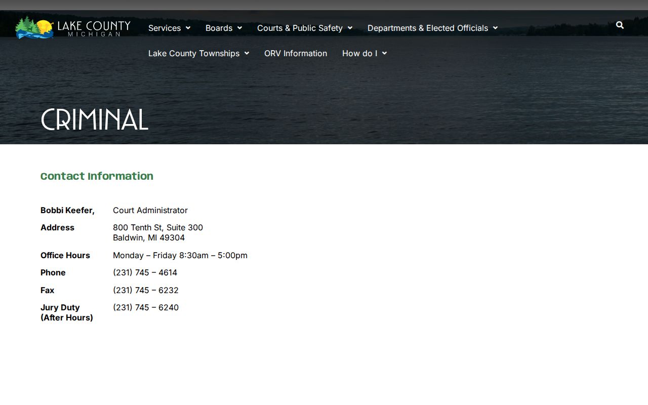 Lake County District Court contact page listing the court administrator and hours for Lake County warrant questions
