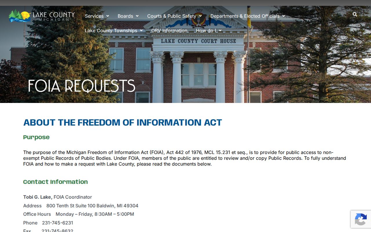 Lake County FOIA request page used for written county records in a Lake County outstanding warrant check