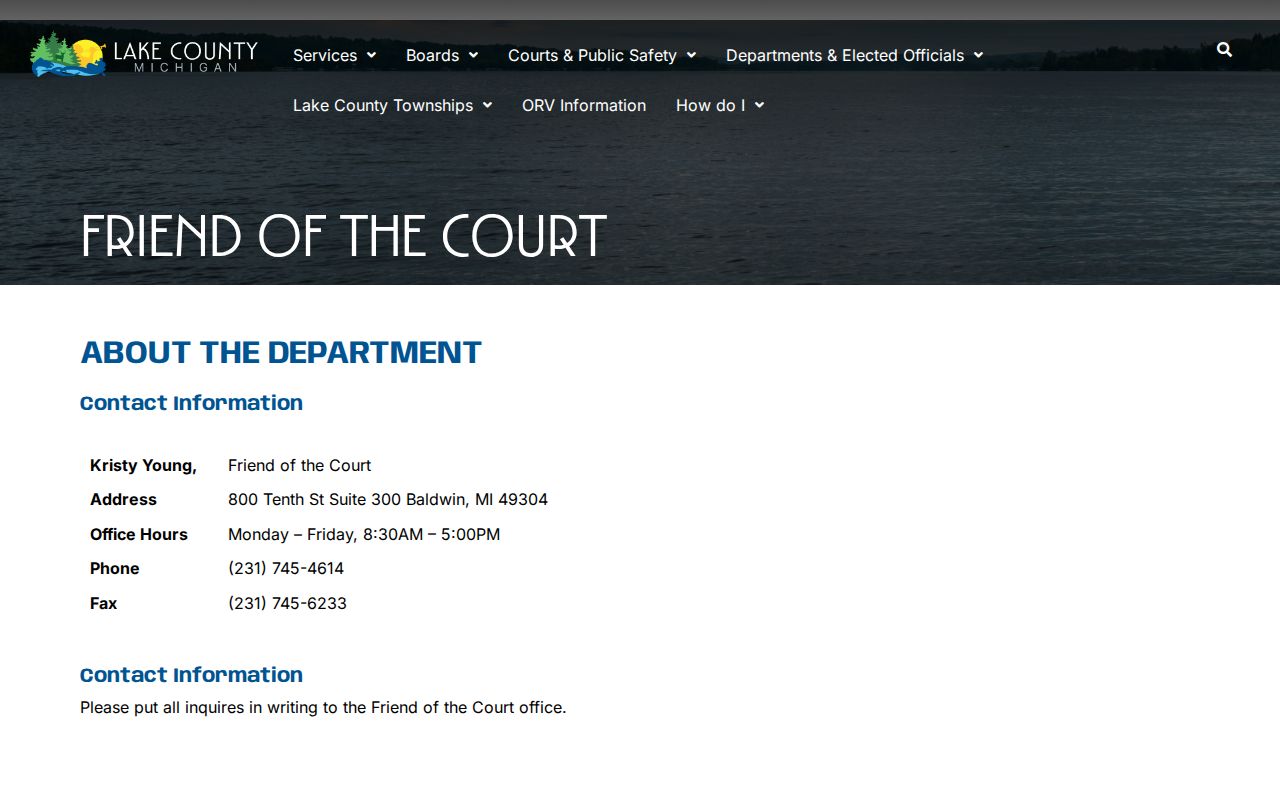 Lake County Friend of the Court contact page for family bench warrant and contempt questions