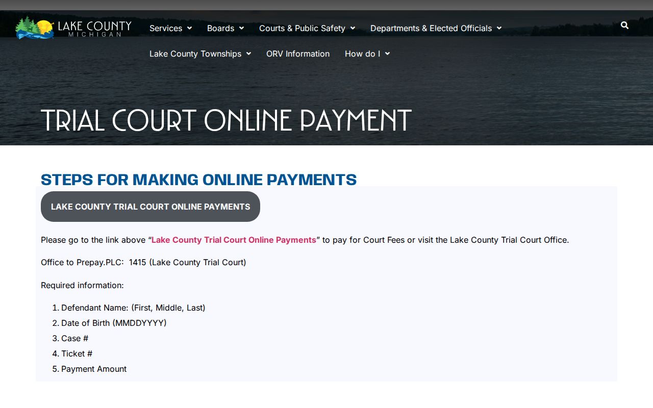 Lake County Trial Court payment page listing case and ticket fields used in a Lake County traffic warrant search