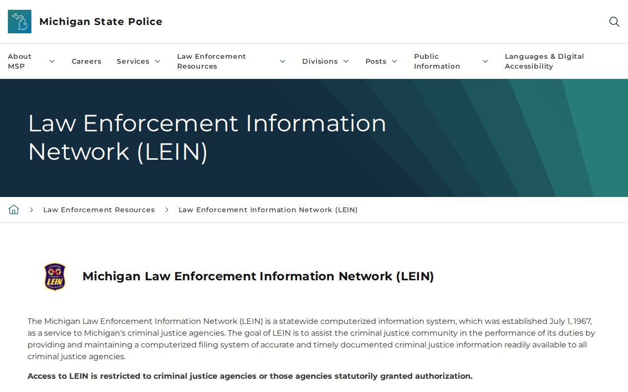 Michigan State Police LEIN access page explaining restricted statewide data for Lake County warrant searches