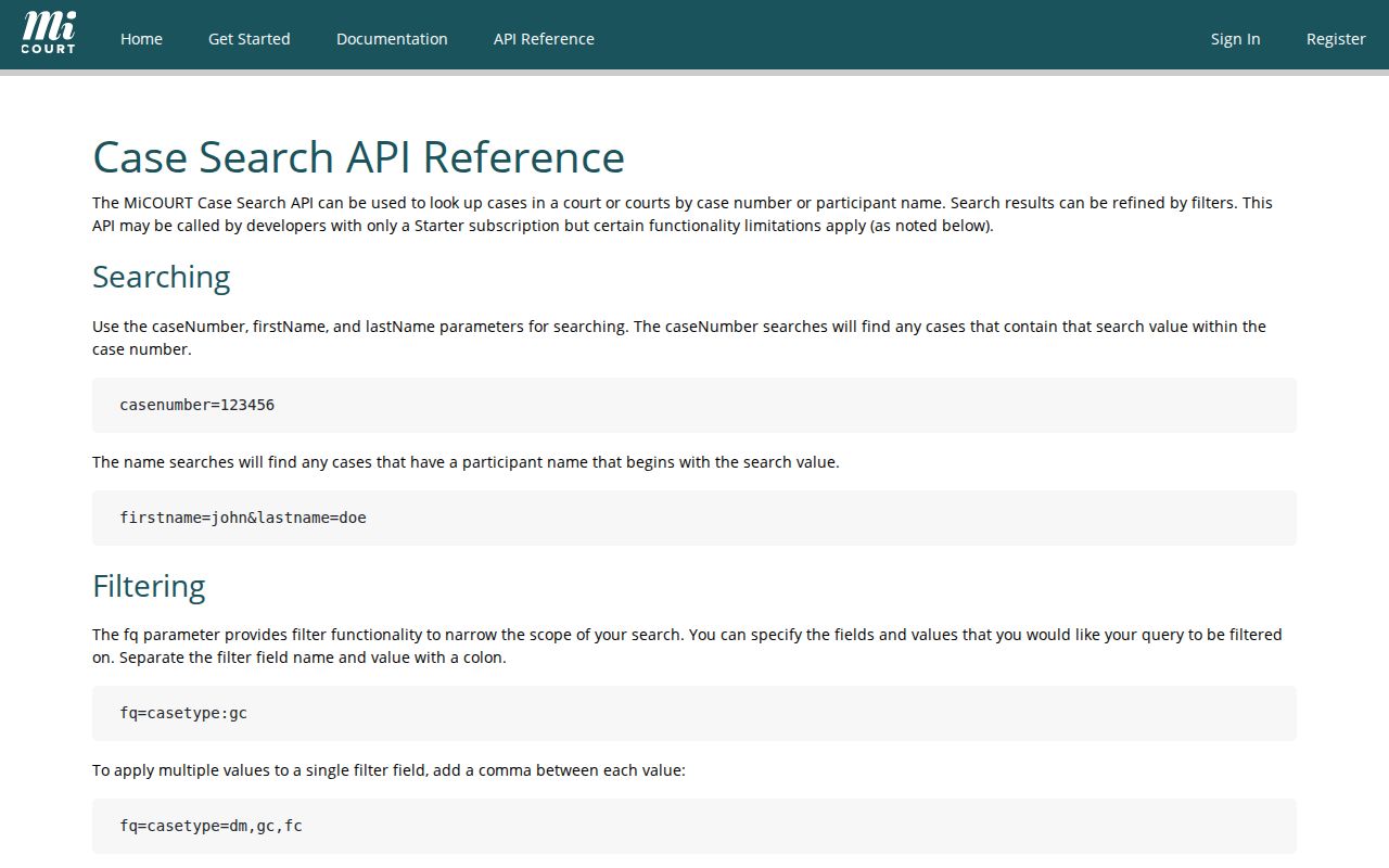 Michigan public case search documentation page showing the search parameters used in a Lake County warrant lookup