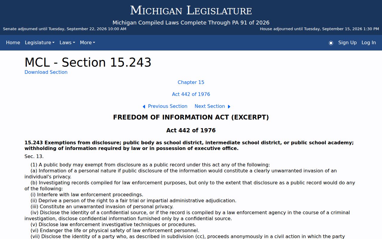 Michigan statute page listing public record exemptions relevant to Lake County outstanding warrant records