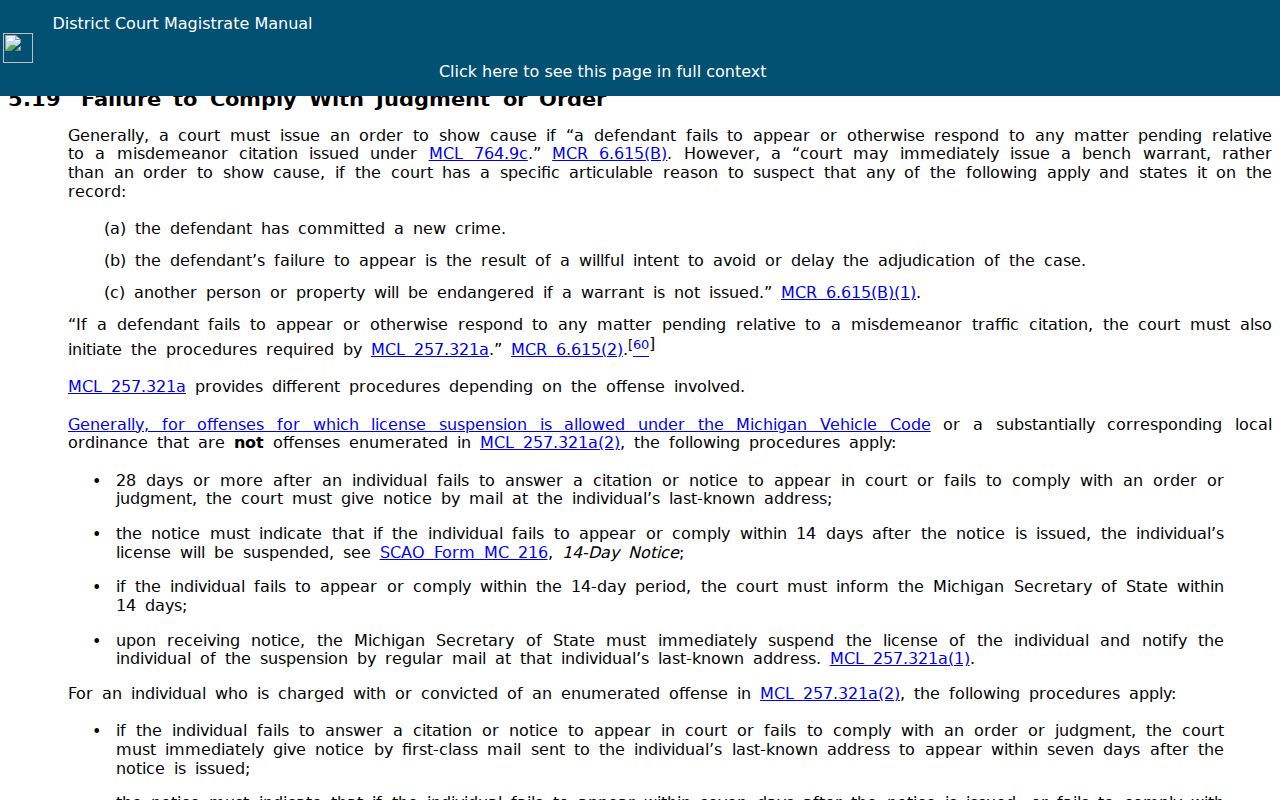 Michigan court guidance page on traffic failure to appear and license suspension for Lake County tickets