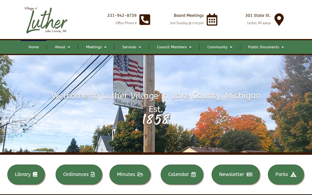 Luther village office page showing the State Street contact and meeting information