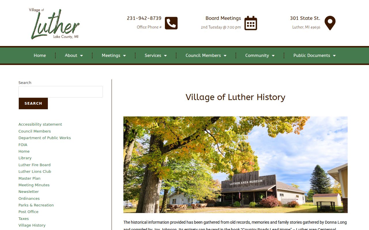 Luther village page stating that Lake County Sheriff provides law enforcement service to Luther