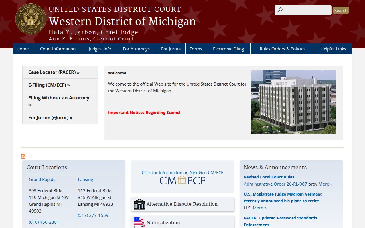 Western District of Michigan federal court page for warrants handled outside the Lake County court system