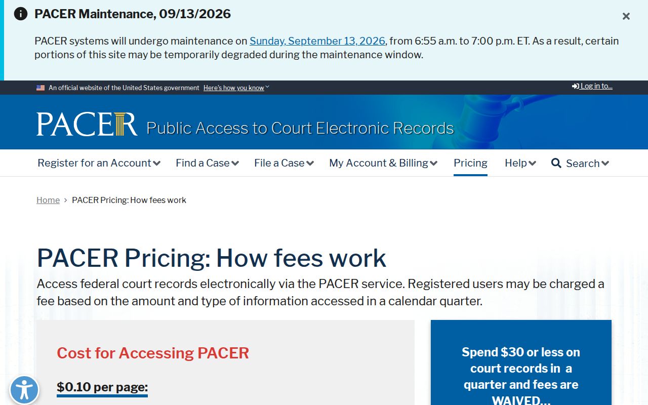 PACER federal case locator pricing page for warrants outside the Lake County court system
