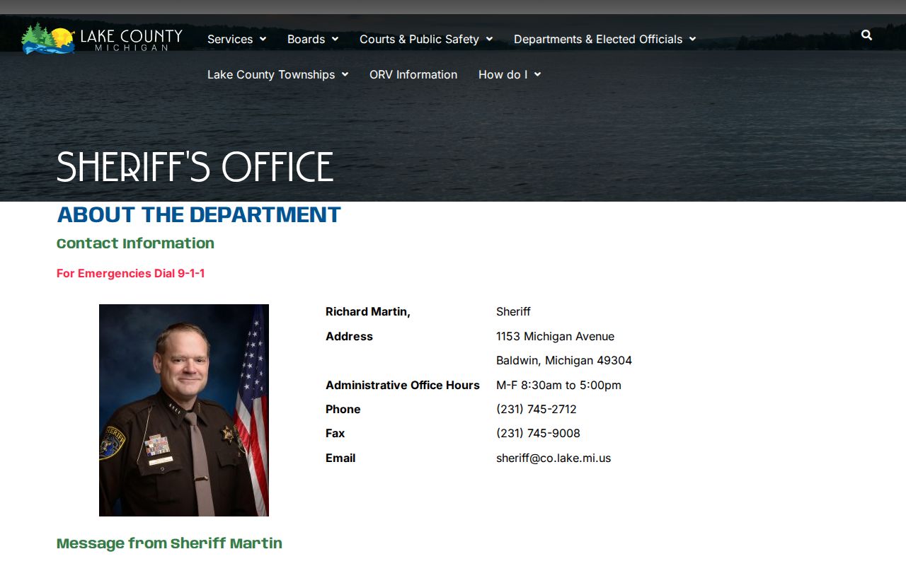 Lake County Sheriff's Office contact page in Baldwin, Michigan, for Lake County warrant service questions
